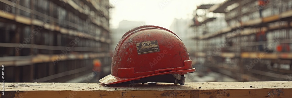 Poster a red hard hat rests on a ledge at a construction site, with scaffolding visible in the background, 