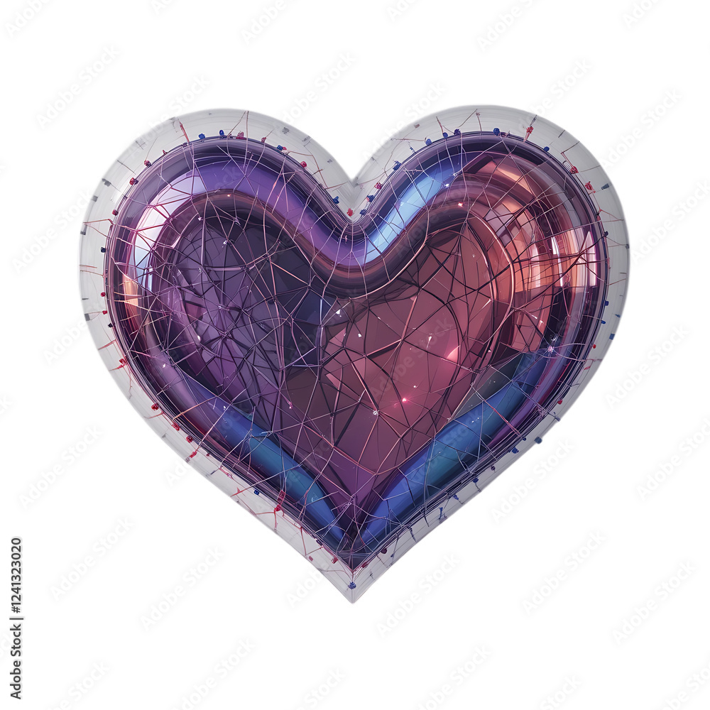Poster a digital illustration of a heart shaped object with a complex geometric pattern in shades of purple