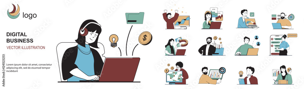 Poster Digital business concept with character situations mega set in flat web design. Bundle of scenes people creating marketing strategy, analyzing data, making e-commerce shop. Vector illustrations.