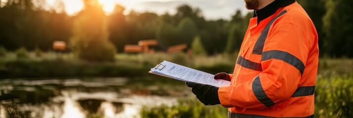 A worker in a bright orange safety jacket examines a clipboard near a serene water body during sunset, emphasizing safety and environmental observation.