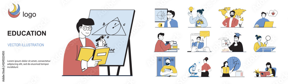 Aufkleber education concept with character situations mega set in flat web design. bundle of scenes people lea