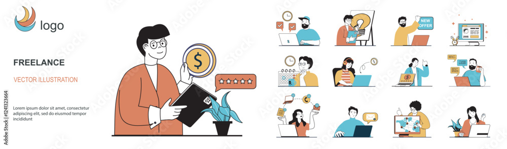 Aufkleber freelance concept with character situations mega set in flat web design. bundle of scenes people wor