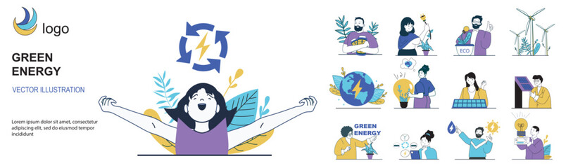 Green energy concept with character situations mega set in flat web design. Bundle of scenes people using alternative energy sources and smart eco technology, saving nature. Vector illustrations.