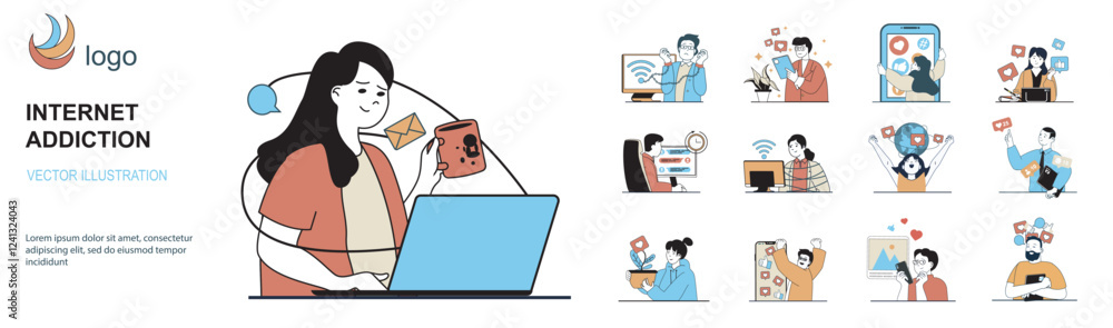 Aufkleber Internet addiction concept with character situations mega set in flat web design. Bundle of scenes people have bad habit to internet surfing, overload and screen time problem. Vector illustrations.