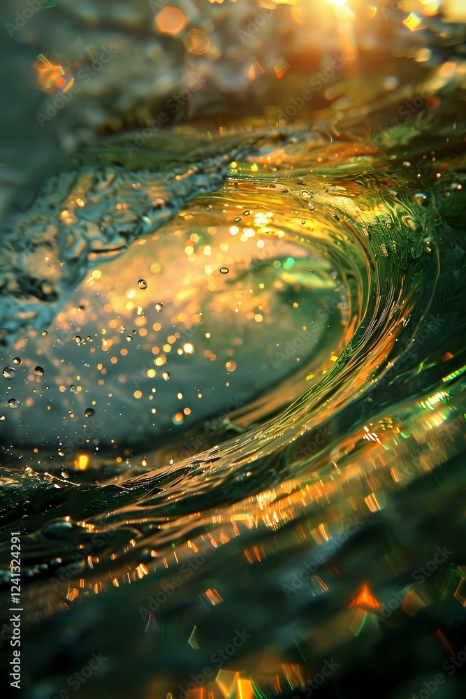 Poster mesmerizing ocean wave with golden sunlight creating sparkles and bokeh effects through emerald wate