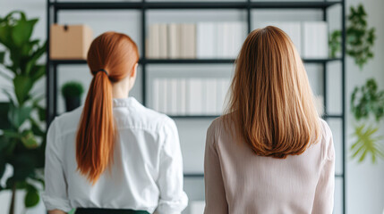 Fototapeta premium Women engaged in conversation modern office lifestyle indoor close-up