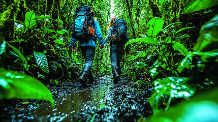 Adventurous couple hiking through lush rainforest, holding hands.  Muddy trail, vibrant green foliage. Perfect for travel, adventure, and nature themes.