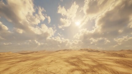 Scenic desert horizon under blue sky with drifting clouds and golden sand dunes