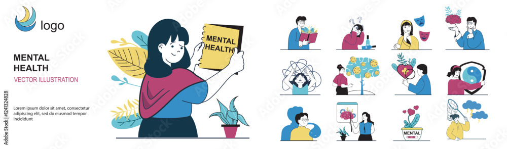 Leinwandbilder mental health concept with character situations mega set in flat web design. bundle of scenes people