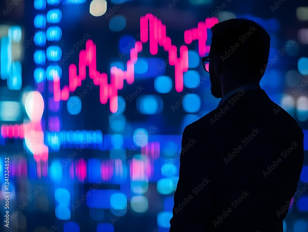 Poster businessman in suit analyzing financial data with colorful stock market graphs represented on modern