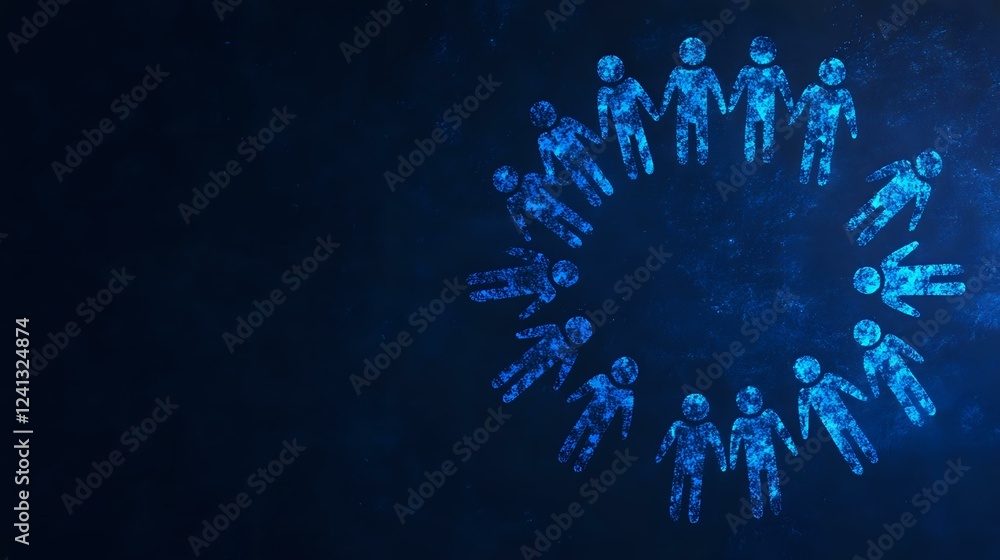 Poster glowing blue digital figures arranged in circle formation on dark background represent connectivity,