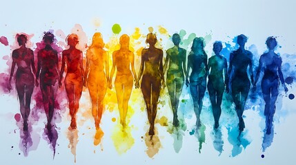 Rainbow colored female silhouettes walking in line with watercolor splash effect on white background, representing diversity, unity and feminine power.