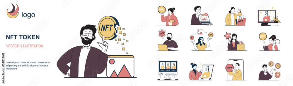 Leinwandbilder nft token concept with character situations mega set in flat web design. bundle of scenes people cre