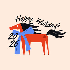 Red fire horse, symbol of Chinese New Year 2026. Animal with big blue bow. Text Happy Holidays. Celebration. Poster, print, card. Vector illustration.
