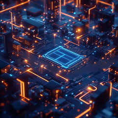 Neon glowing digital technology circuit board in computer. Futuristic glowing bright blue color. Abstract connection concept presentation background Communication wireframe laser lines ... See More 