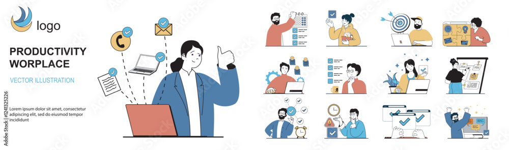 Poster Productivity workplace concept with character situations mega set in flat web design. Bundle of scenes people organizing schedule, planning tasks, managing time with checklists. Vector illustrations.