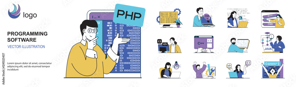 Aufkleber Programming software concept with character situations mega set in flat web design. Bundle of scenes people writing and optimizing code, working with different program languages. Vector illustrations.