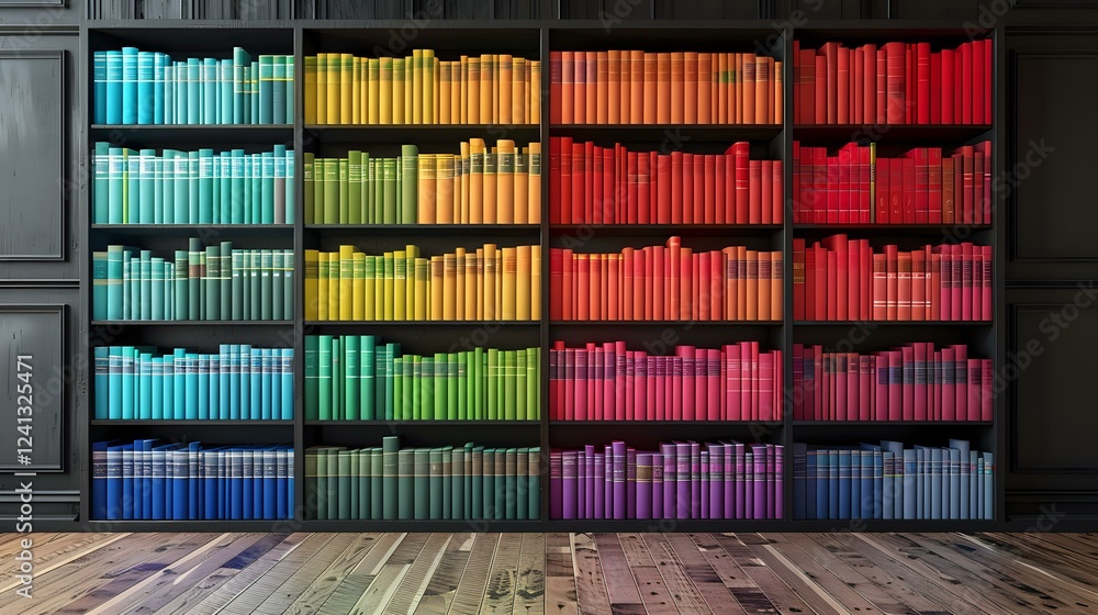 Poster Books arranged by color create rainbow spectrum on dark wooden bookshelf, modern library interior design with colorful book spines forming vibrant gradient pattern.