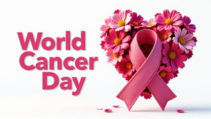 Obraz premium World Cancer Day Pink Ribbon and Flowers Heart Shape