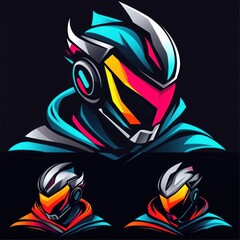 Futuristic robotic warrior with a sleek helmet, neon cyan, pink, and black details.