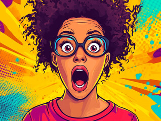 Surprised woman with big eyes and open mouth in pop art style, vibrant colors and comic book effect, expressing shock, amazement or disbelief