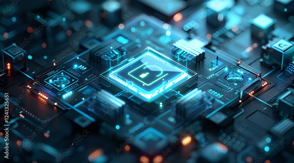 Poster glowing microchip with neon blue light effect on dark circuit board background, futuristic technolog