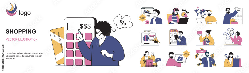 Aufkleber Shopping concept with character situations mega set in flat web design. Bundle of scenes people ordering and buys in online store, pays with credit cards in mobile application. Vector illustrations.
