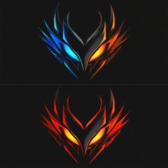 Dual aggressive eagle emblems with neon blue and fiery orange details, esports-inspired.
