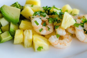 Fresh Tropical Shrimp Salad with Avocado, Pineapple, and Herbs on Plate