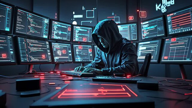 Hacker in a Dark Room Wearing a Hood and Typing on a Keyboard Surrounded by Multiple Screens with Cyber Code

