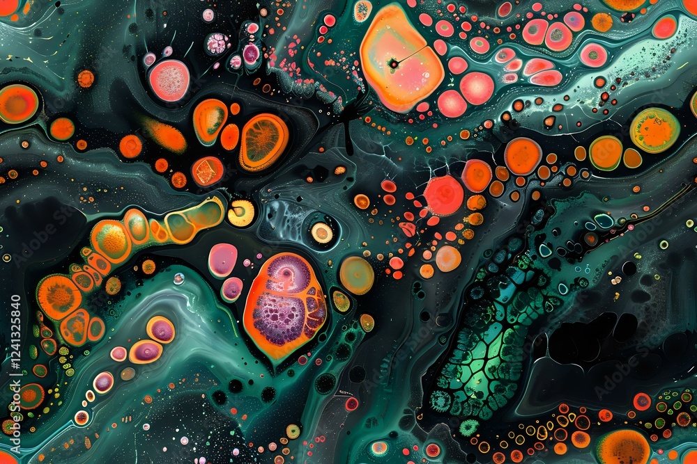 Poster abstract fluid art background in dark emerald green and orange colors with cellular bubbles and orga
