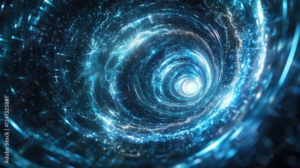 Poster a captivating abstract digital animation featuring a swirling vortex of blue light against a cosmic 