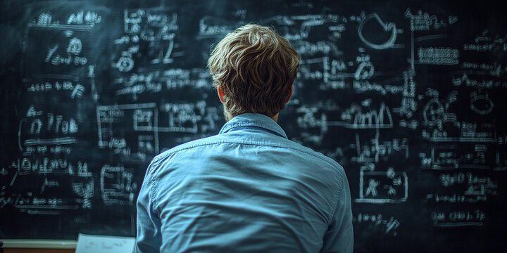 Person studying complex mathematical equations on a blackboard in a classroom during daytime, showcasing a deep focus on learning new concepts