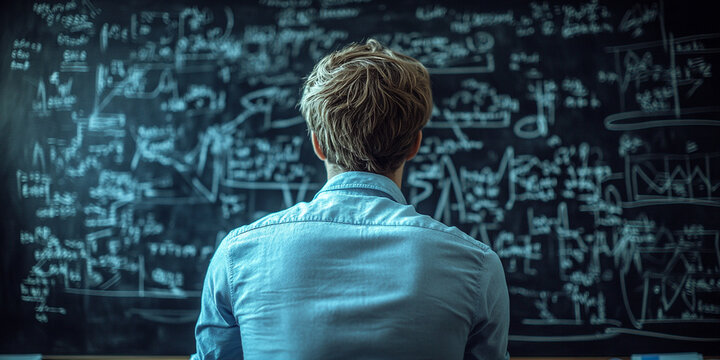 Person studying complex mathematical equations on a blackboard in a classroom during daytime, showcasing a deep focus on learning new concepts