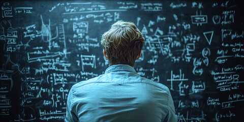 Person studying complex mathematical equations on a blackboard in a classroom during daytime, showcasing a deep focus on learning new concepts