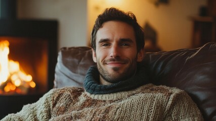 Man Relaxing By Fireplace With Warm Drink