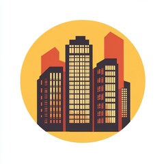 Fototapeta premium Circular cityscape with modern skyscrapers in warm orange and red tones.
