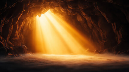 cave illuminated by golden sunlight, creating mystical atmosphere