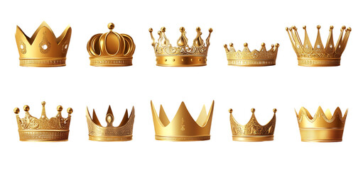 Set of gold crown isolated golden crown on a transparent background