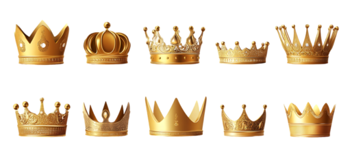 Set of gold crown isolated golden crown on a transparent background