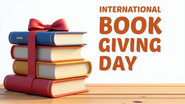 International Book Giving Day Stack of Books with Red Ribbon