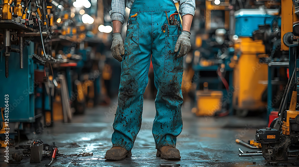 Poster hardworking industrial worker in mudsplattered overalls stands in a busy factory. gritty, authentic 