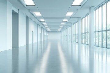Obraz premium Spacious empty room with large glass windows, white walls, and soft natural light creating a minimalist and serene atmosphere.