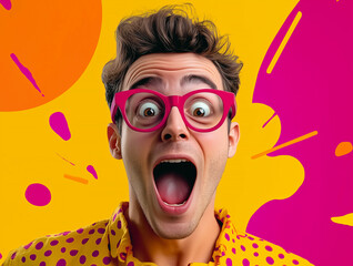 Man in yellow polka dot shirt with pink glasses looks surprised and excited on a colorful background, vibrant and creative portrait of a man, perfect for advertising or promoting a product or service