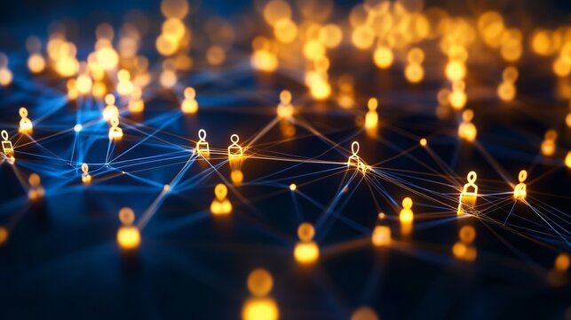 A vibrant network of interconnected glowing nodes symbolizing digital communication and social connections