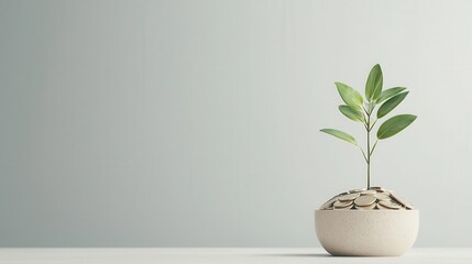 Concept of bootstrapped startup growth with a plant sprouting from a pile of coins