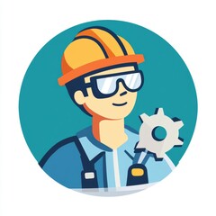 Portrait of an engineer wearing a hard hat and safety glasses holding a gear symbol.
