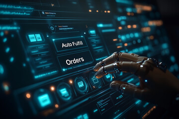 Robot hand activates auto fulfill orders function in a dropshipping business environment for streamlined sales processing
