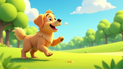 Fototapeta premium Cute Golden Retriever Puppy Playing Fetch in Sunny Park - 3D Rendered Cartoon Dog