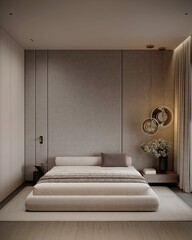Modern contemporary bedroom 3d render The rooms have wooden floors and empty gray walls. Furnished with wooden furniture